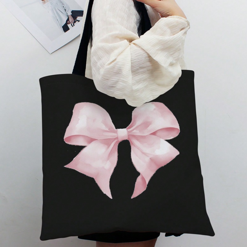 Ribbon Bow Gift - ROMWE Kawaii Canvas-Umhängetasche mit Schleifenmuster, Valentinstag-Canvas-Handtasche,
