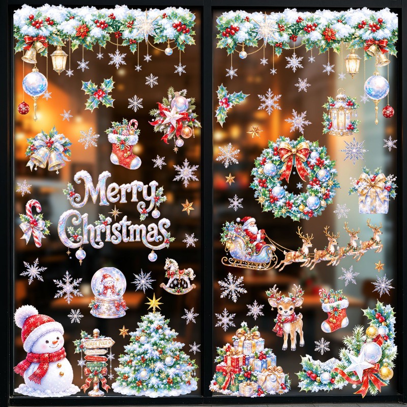 Snowflake Window Decal - 9 Blatt statische Weihnachts-Fensteraufkleber mit Weihnachtsmann,