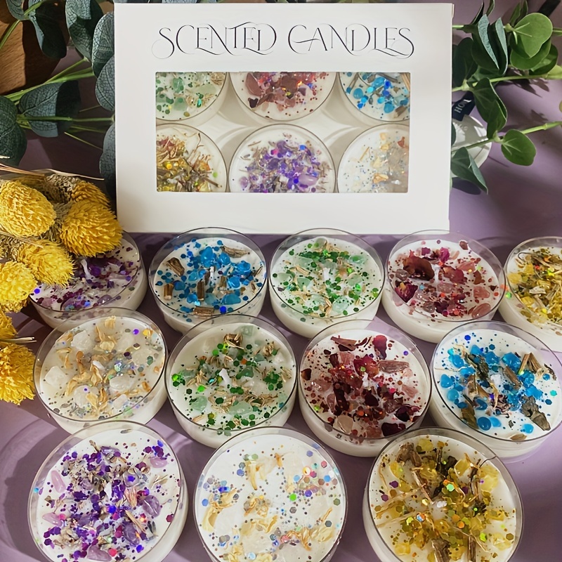 Holiday Candle Set - 6er-Set Duftkerzen, Duftkristallstein, getrocknete Blumen, Duftkerze,