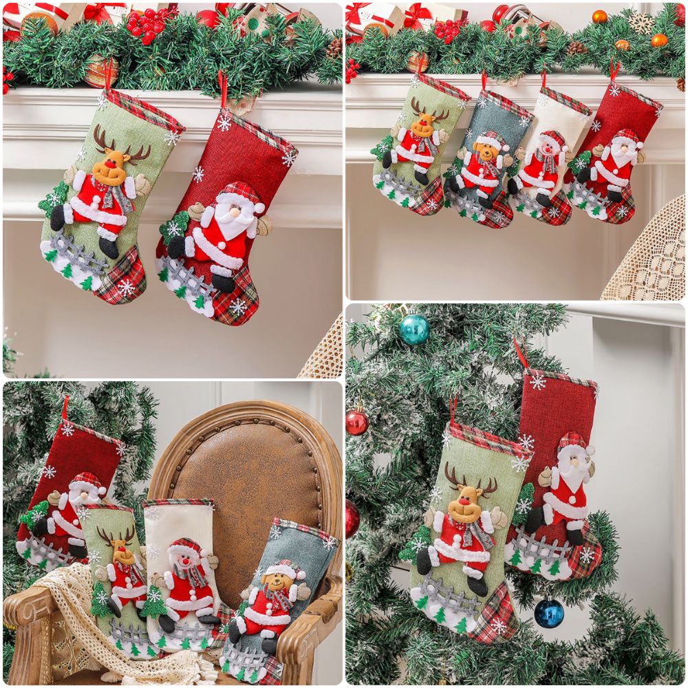 Christmas Stocking Hanging - Mehrfarbige Weihnachtsstrümpfe mit Schneemann, Rentier, Bär,