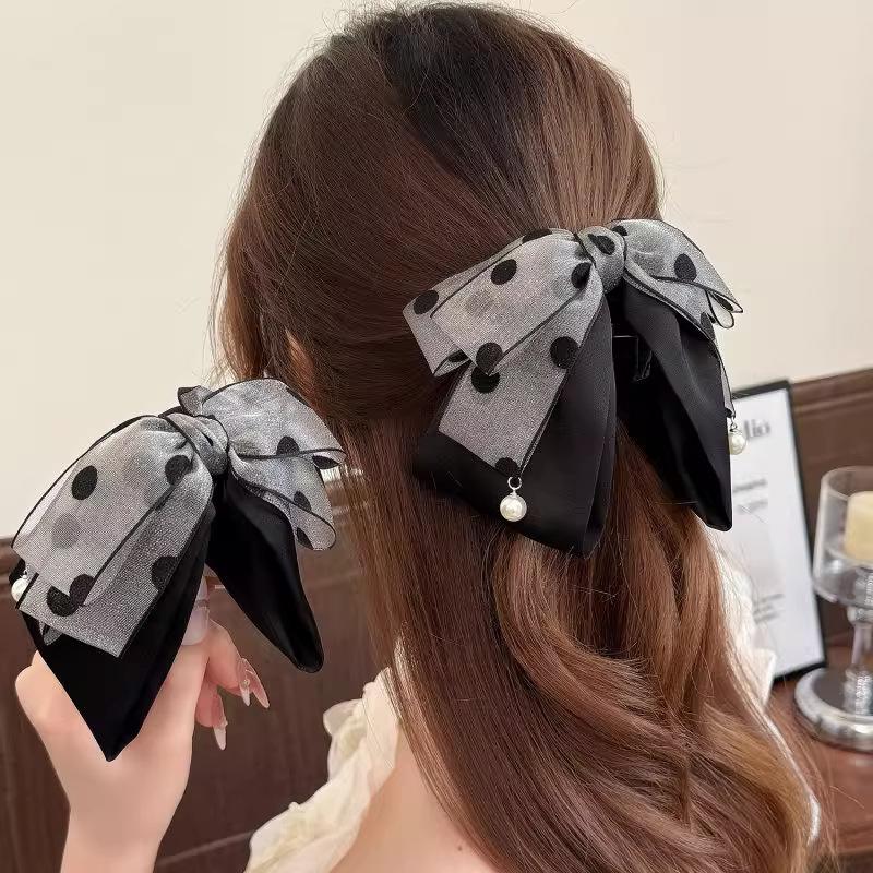Ribbon Bow Gift - Elegante graue Haarspange mit gepunkteter Schleife