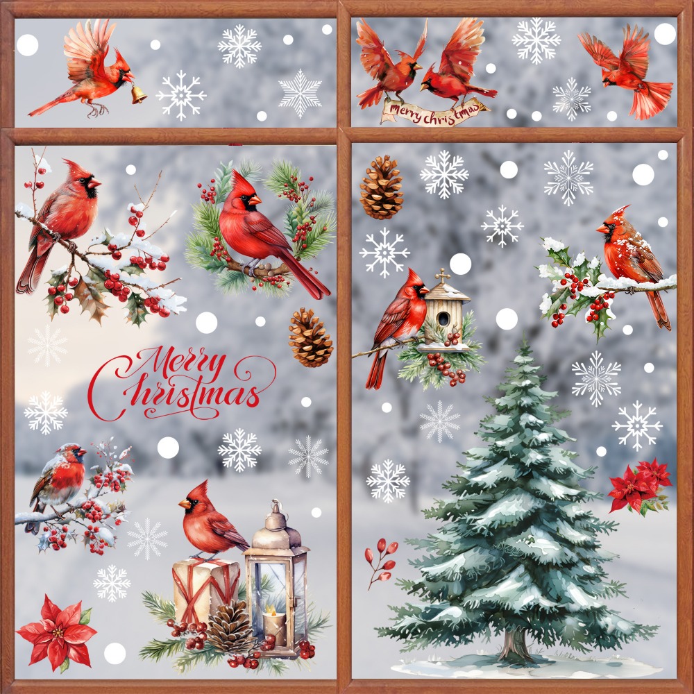 Snowflake Window Decal - 9 Stück Weihnachts-Fensteraufkleber Kardinalvögel Schneeflocken Tannenbaum