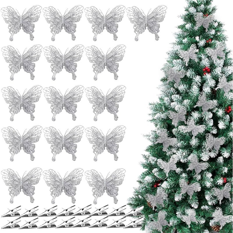Christmas Wreath Fake - Silberne Glitzer-Schmetterlingsclips, Künstliche Schmetterlinge für Weihnachtsbaum,