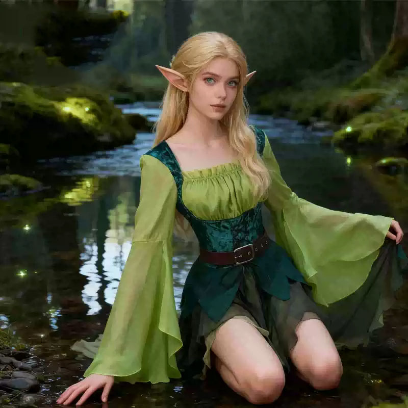 Elf Costume Christmas - Damen Elfen-Kostüm Mittelalterliches Grünes Feenkleid Magisches